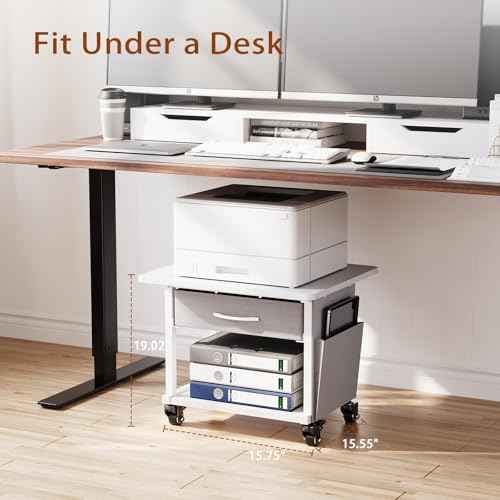 2 Tier Printer Stand with Storage Drawer - Under Desk Rolling Printer Cart for Home Office, Small Printer Table with Industrial Locking Wheels fit Fax Machine/Scanner (White)