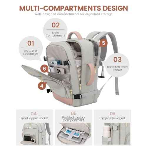 LOVEVOOK Travel Backpack For Women, 40L Carry On Backpack Flight Approved, TSA Personal Item Travel Bag Fits 17 Inch Laptop, Business Weekender Overnight Waterproof Daypack With 2 Cubes, Grey-Pink