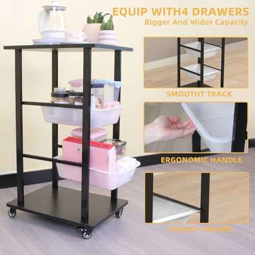 Rolling Storage Carts with Wheels, Heavy Duty Rolling Service Cart, 4-Tier Restaurant Food Cart with Hammer for Office, Warehouse, Garage (Black)