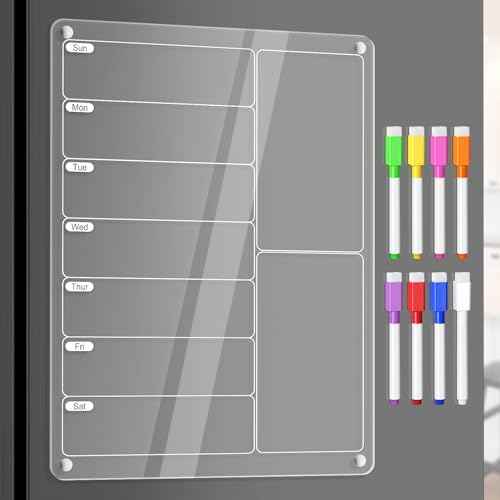 Acrylic Meal Planner Magnetic Menu Board for Kitchen Fridge w/Markers, Clear Weekly Calendar Planning Board Noteboard Refrigerator Dry Erase Board to Do/Grocery/Shopping List/Chore Chart, 12.8x9¡¯¡¯
