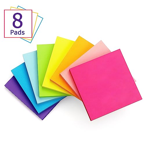 Eastern Wolf Bright Multi-Color Sticky Notes 3x3 Inch, 8 Pads, 85 Sheets Each