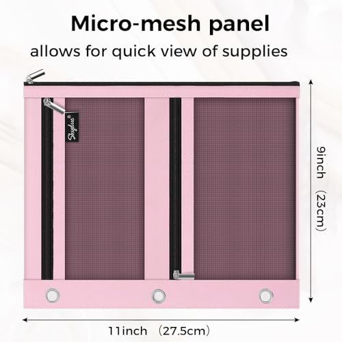 Pink SKYDUE Pencil Pouch for 3 Ring Binder 11x9 with Mesh Window & 3 Pockets
