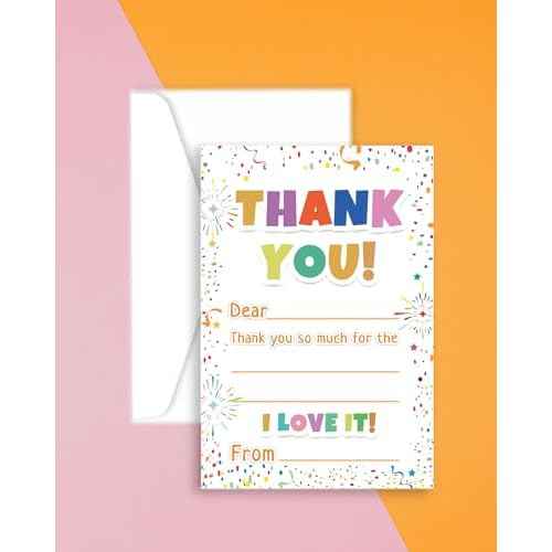 72Pcs Kids Thank You Cards, Fill in The Blank Thank You Notes with Envelopes from Teacher for Birthday (4x6 In)