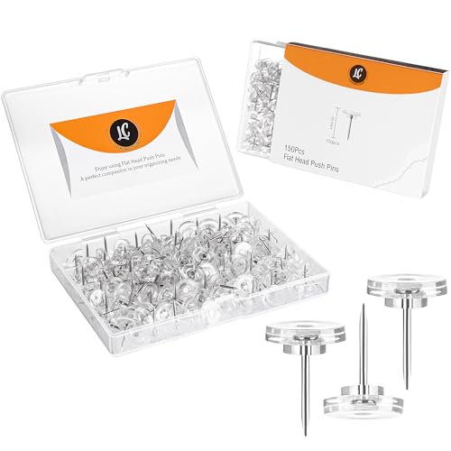 150 Clear Thumb Tacks with Reusable Box – Flat Head Push Pins for Office & Home