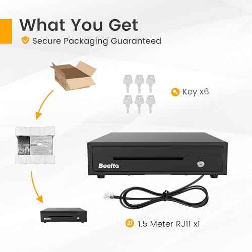 13" Cash Rigister Drawer for Small Business, 4 Bill/5 Coin with Check Slot, Steel Construction, Works with POS (Includes Keys & RJ11/12Cable) - BK1313E