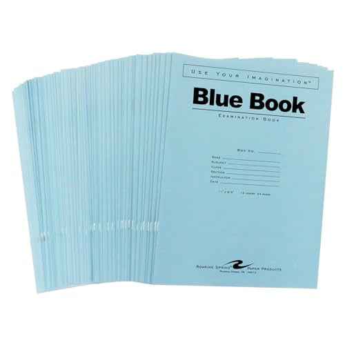ROARING SPRING Exam Blue Books, 50 School Examination Booklets, 11" x 8.5", 12 Sheets/24 Pages, Wide-Ruled with Margin Student Testbook, Made in USA