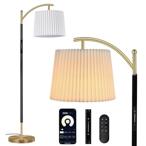 Etto Dimmable Floor Lamp with Fabric & Pleated Shades, Remote & Touch Control, Adjustable Brightness & Color Temperatures, Farmhouse Tall Standing Lamp for Living Room Bedroom Office (Black Gold)