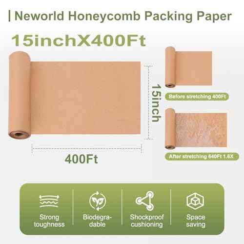 Neworld Honeycomb Packing Paper,15" x 400' Eco Friendly Bubble Cushioning Wrap for Moving,Products & Gifts Wrapping Paper,Recyclable Cushioning Packing Material With 20 Fragile Sticker Labels