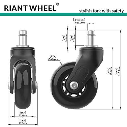 Riantwheel, Office Chair Wheels Replacement Rubber Chair casters for Hardwood Floors and Carpet, Set of 5, Office Chair Caster (Black)