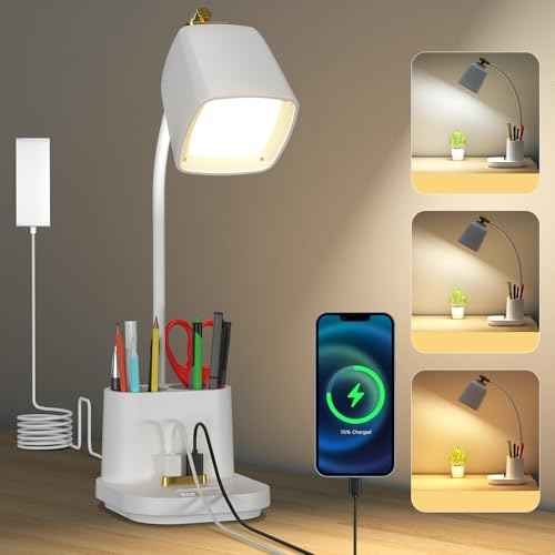 Desk Lamp with USB Charging Port & Pen Holder, LED Desk Light for Home Office, Touch Dimmable, Ideal for Study, Reading, and Work (White)
