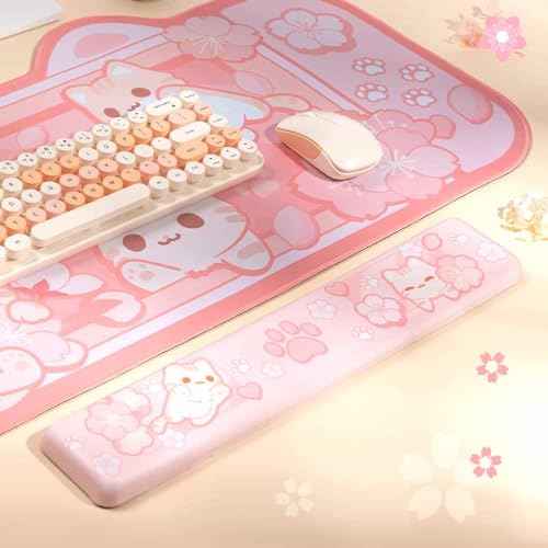 BelugaDesign Sakura Cat Desk Pad | NS Switch Keyboard Laptop Gaming Setup Accessories Mat Large Mat Mousepad | Pastel Pink Bunny Kawaii Cute Anime Desk Mat Blotter Protector with Gel Wrist Support