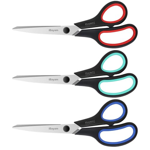 iBayam 8.5-Inch Heavy Duty All Purpose Scissors 3-Pack - Red, Green, Blue