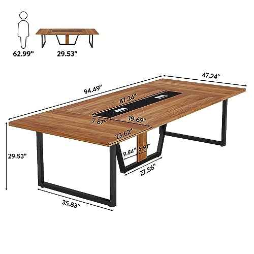Little Tree 8FT Conference Table for 10 People, Large Meeting Table, Modern Conference Room Table with Cable Management, Training Table with Strong Metal Legs for Office, Brown