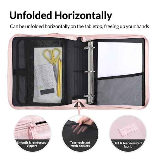 SUNEE Zippered Binder Bag with Handle, 2-Inch 3-Ring O-Ring, 500-Sheet Capacity, Includes Zip Pocket, 5-Tab Expanding File Folder, Multi-Pocket Organizer Binder for Middle School, Pink Lotus