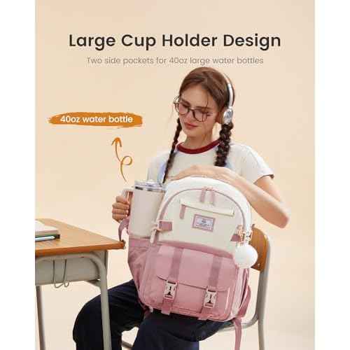 LOVEVOOK Pink Cute School Backpacks for Girls, Back to School Bookbag for Girls 10-12, Lightweight Backpack for Middle School Teens Students with Large Cup Holder, Fits 15.6" Laptop