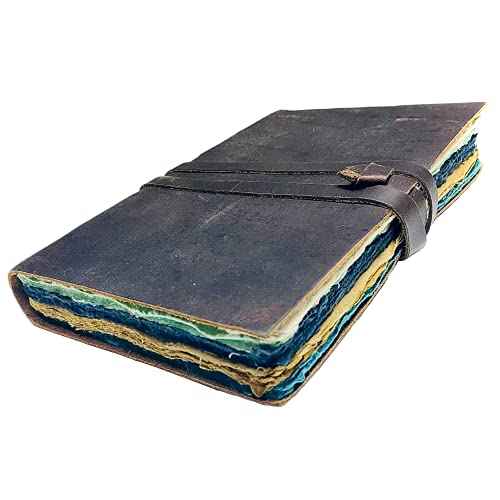 Vintage Leather Journal for Women & Men, Leather Bound Junk Journal Scrapbook, 240 Pages Colored Deckle Edge Paper, Rustic Travel Journal, Antique Old Fantasy Notebook (Rustic Brown, 9"x6")