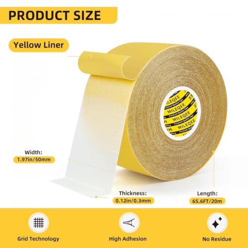 MILEQEE Heavy Duty Double Sided Tape 2" x 66ft Grid Cloth Mesh, High Tack