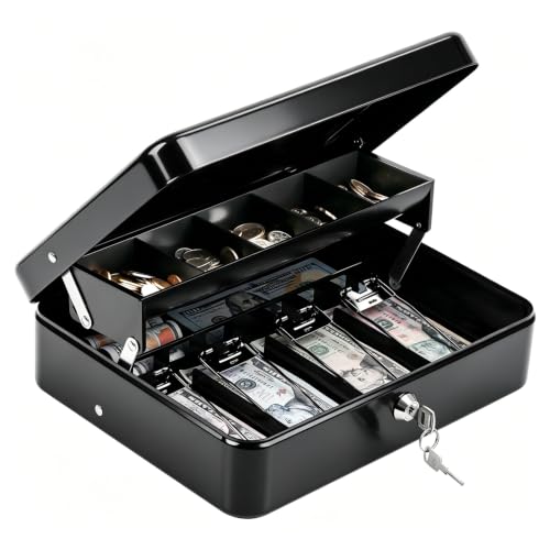 KYODOLED Black Metal Cash Box with Key Lock & Money Tray - 1mm Steel