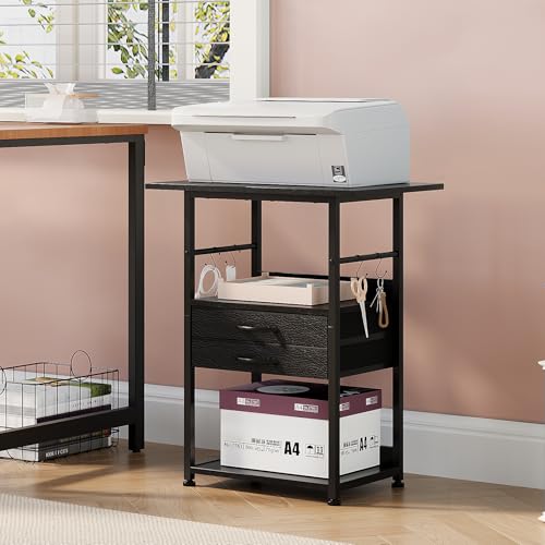 Large Printer Stand with Storage Fabric Drawer Under Desk Printer Table with Wheels for Home Office, Printer Cart fit Fax Machine Scanner (Black, 3 Tiers)