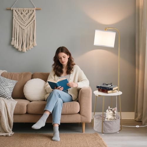 Floor Lamp with Cat Bed and Charging Station, Adjustable Lampshade, 3 Color Temperatures, Remote & Foot Switch Control, Standing Lamp with USB & AC Outlets for Living Room Bedroom, Gold