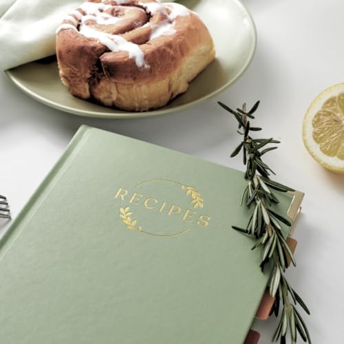 KIKAZE Green Leather Sage Recipe Notebook 60 Recipes | A4-Size Hardcover Journal with Tabs & Pockets
