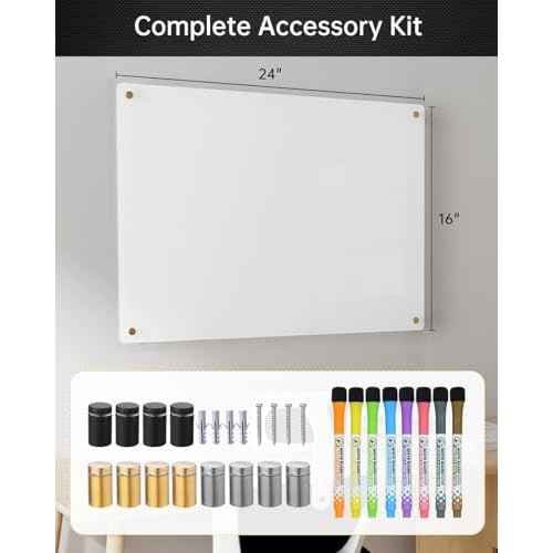 Acrylic Whiteboard 24x16 ? White-Backed Dry Erase Board with 8 Markers & Multi-Color Standoff Screws ? High Contrast & Shatter-Resistant ? Ideal for Home, Office, School, Kitchen