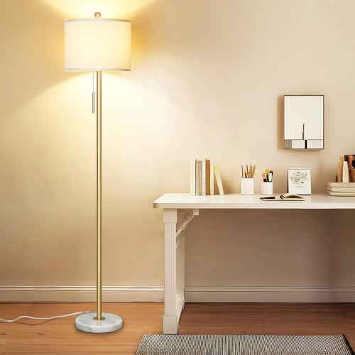 ¡¼Upgraded¡½ Dimmable Gold Floor Lamps for Living Room, 63in Modern Standing Lamp with Marble Base, Tall Pole Light with White Linen Shade for Bedroom Reading Office Corner Nursery