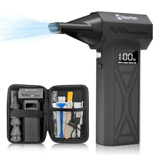 Mini Compressed Air Computer Duster 110000RPM, Cordless Electric Air Blower Rechargeable with LED Light, Case and Digital Display, for PC Keyboard Car Snow Removal & Outdoor, Air Bed, Black