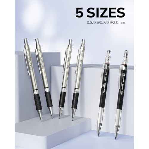 Four Candies 27PCS Art Mechanical Pencil Set with Case, 4PCS Metal Drawing Pencil 0.3, 0.5, 0.7, 0.9 mm & 2PCS 2mm Lead Holder (HB 2H 2B 4B Color) with 552 Graphite Lead Refills for Drawing Sketching