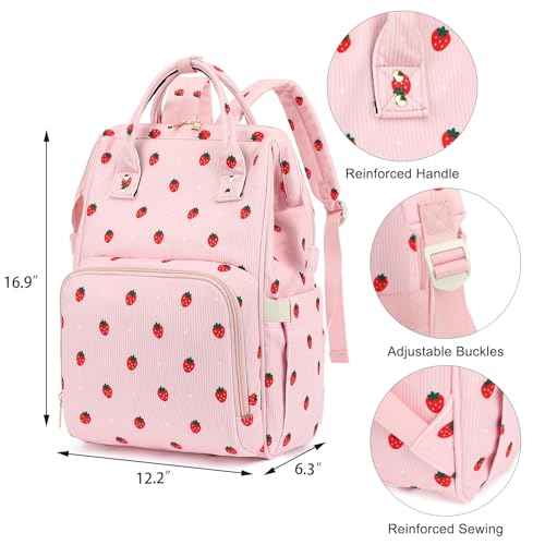 College Laptop Backpack, Travel Backpack for Women, Corduroy Casual Daypack, School Backpack Bookbag for Girls (Pink Corduroy Strawberry)