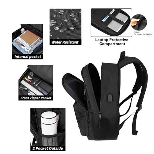 KEOFID Travel backpack for Men and Women, Anti Theft Laptop Backpack with USB Charging Port for Work, Large Bag for College, BLACK BOOK BAG FOR BOYS, GILRS Backpack,Water Resistent(Black)