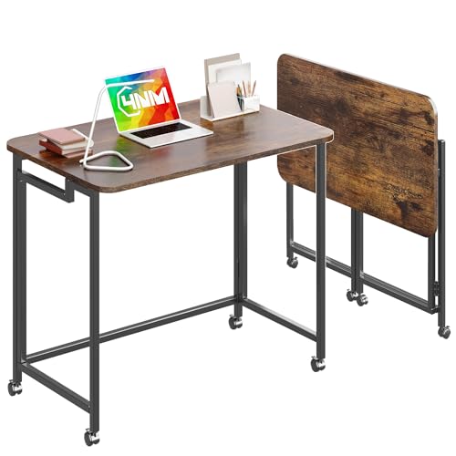 4NM 27.5-Inch Portable Folding Computer Desk with Wheels - Rustic Brown & Black, Easy Assembly, Small Space Office Cart
