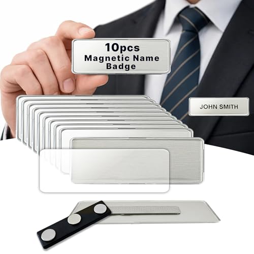 CiLoN 10-Pack Magnetic Name Badge Holders with Clear Covers, Silver 1"x3"