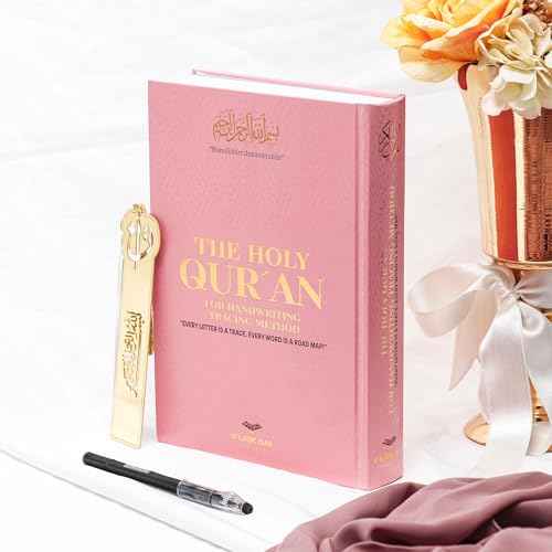 Shaded Quran Text Mushaf with Full Tracing & Bookmark | Ideal Book for Writing and Learning Quran Text | Large Size;6.6*9.4 inch/17*24cm,Perfect Ramadan,Eid,Umrah Gift for Muslim Women Men Child(Pink)