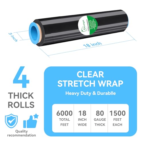 Apexatype 18" x 1500' Black Heavy Duty Stretch Shrink Wrap Roll - 4 Pack, Industrial-Strength Moving & Pallet Wrap
