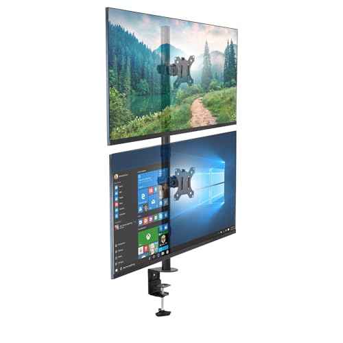 Mount-It! Vertical Monitor Mount, Dual Stacked Monitor Mount for Two Screens Each 13 to 32 Inches, Height Adjustable with Tilt Swivel Rotate, C-Clamp and Grommet Base Supports 17.6 lbs per Monitor