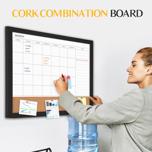 Dry Erase Calendar Whiteboard for Wall, WALGLASS 36" X 24" Cork Monthly Calendar White Board Combo with Aesthetic Wood Framed, Hanging Wall Mounted Large Bulletin Board for Home, School, Office