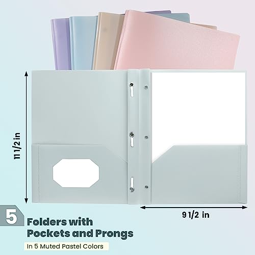 Pastel Colors 5-Pack Heavy Duty Plastic File Folders with Pockets & Prongs, Letter Size, School & Office