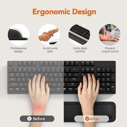 TECKNET Wrist Rest for Computer Keyboard, Thicken Memory Foam Wrist Support Pad for Keyboard, Ergonomic Palm Rest for Pain Relief, Anti-Slip Rubber Base, 17x3.3 in, 1 inch (25mm), Black