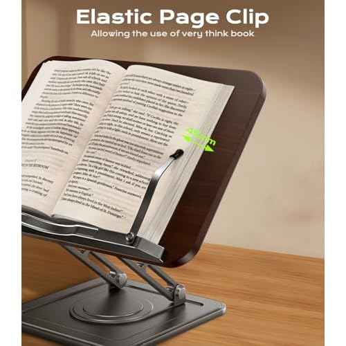 Book Stand for Reading, Adjustable Book Holder with 360¡ÆRotating Bases, Ergonomic Cookbook Stand Recipe Book Holder with Elastic Page Clips for Magazines, Tablets, Laptops