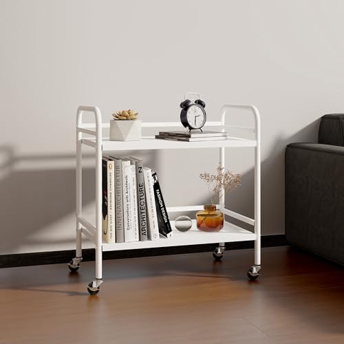 HDANI 2 Tier Under Desk Printer Stand with Storage,Microwave Storage Rack,Metal Rolling Printer Cart with Wheels for Home Office,Utility Storage Cart and Stand,White