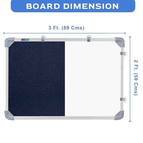 Combination Board 2x3 Feet (Magnetic White Board with Blue Pin-up Notice Board) with Push Pins for Home, Office & School, Heavy-Duty Aluminium Frame (White, Blue) (89x59 cm)
