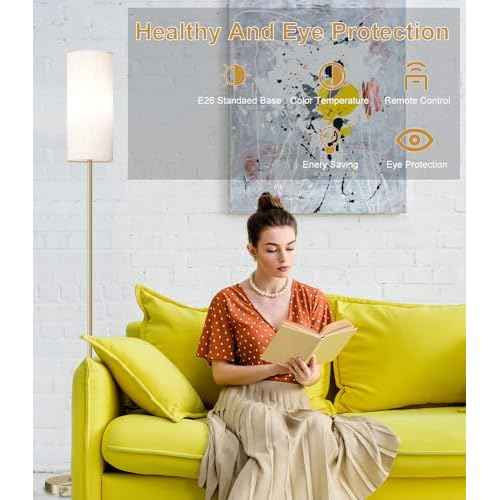 luckystyle LED Floor Lamp for Living Room, Dimmable Standing Lamps with Foot Switch,Remote Custom Color Temperature Gold Pole Lamp with Lampshade,12W Led Bulb Tall Lamps for Bedroom Office Kid Room