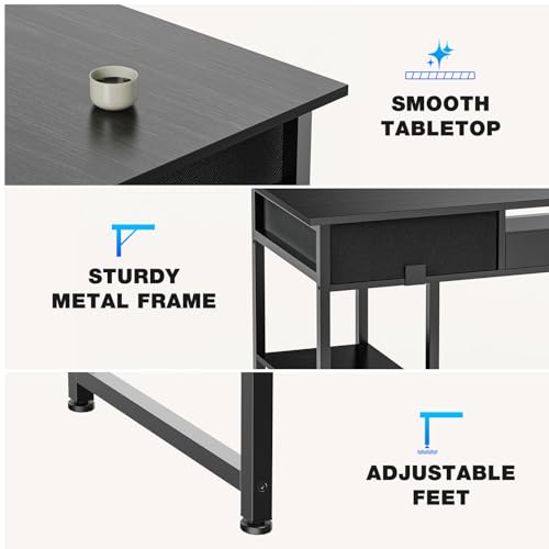 OLIXIS 48 Inch Desk with Drawers, Home Office Computer Desk with Adjustable Shelves on Both Sides, Study Writing Table with Adjustable Feet for Bedroom, Black