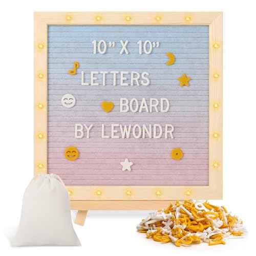Lewondr Felt Letter Board, 10"¡¿10" Wooden Letter Board Sign, Changeable Message Board with 20 LED Lights & 340 Letters, Pregnancy Baby Announcement Sign, First School Day Board, Colorful