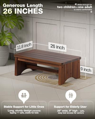 FANATU Walnut Wooden Step Stool 26-Inch Extra Wide Heavy Duty Support 375 lbs