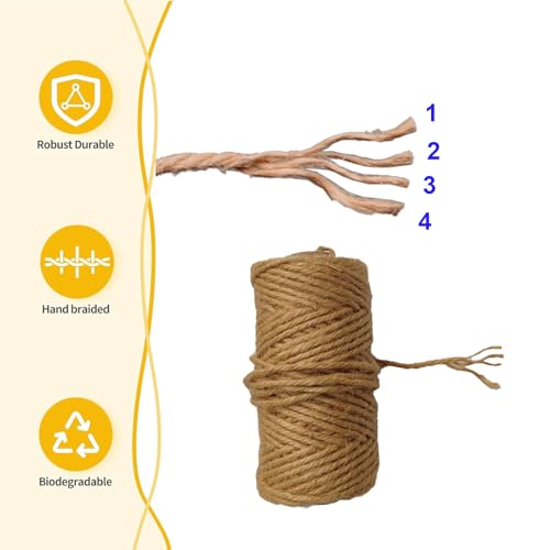 164 ft 1/8 in Jute Twine String, Natural Brown - 4-Ply Craft Rope for DIY, Gift Wrapping, Macrame