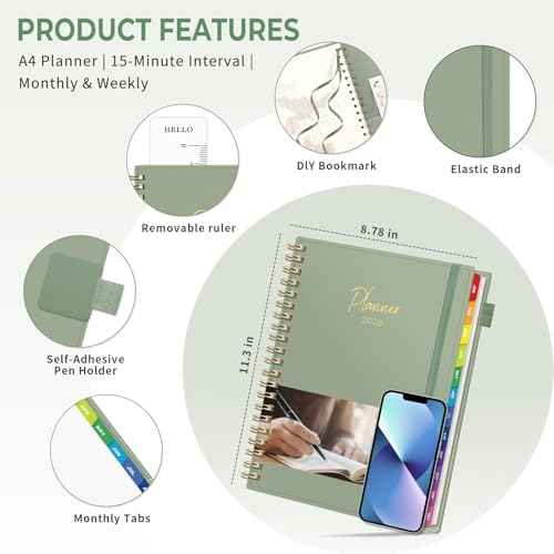 EMSHOI 2026 Appointment Book, A4 15-Minute Hourly Planner, JAN 2026 - DEC 2026, Daily Weekly Monthly, 100GSM Thick Paper, PVC Cover, Colorful Tabs - for Work, School, Salon Scheduling