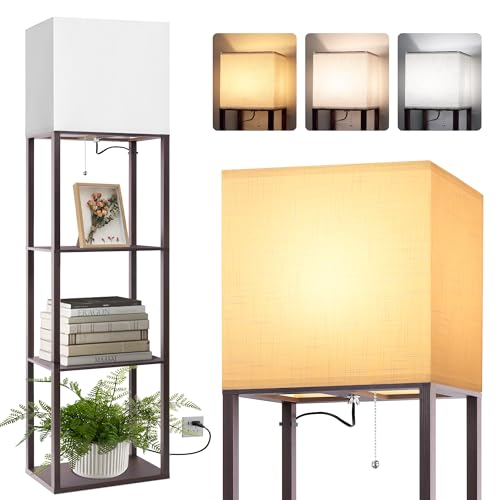 Dott Arts Floor Lamp with Shelves, Wide Floor Lamps for Living Room Display Shelf Lamps with 3 Color LED Bulb,Storage Wood Modern Floor Lamp for Bedroom Standing Lamp for Living Room Office£¨Walnut£©