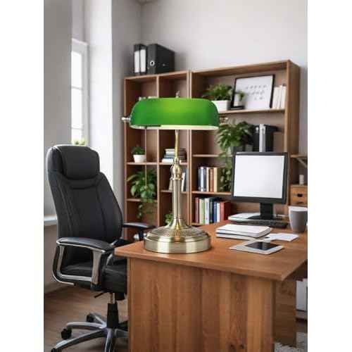 Newrays Glass Bankers Desk Lamp with Pull Chain Switch Plug in Fixture (Green-Simple, Simple Style)